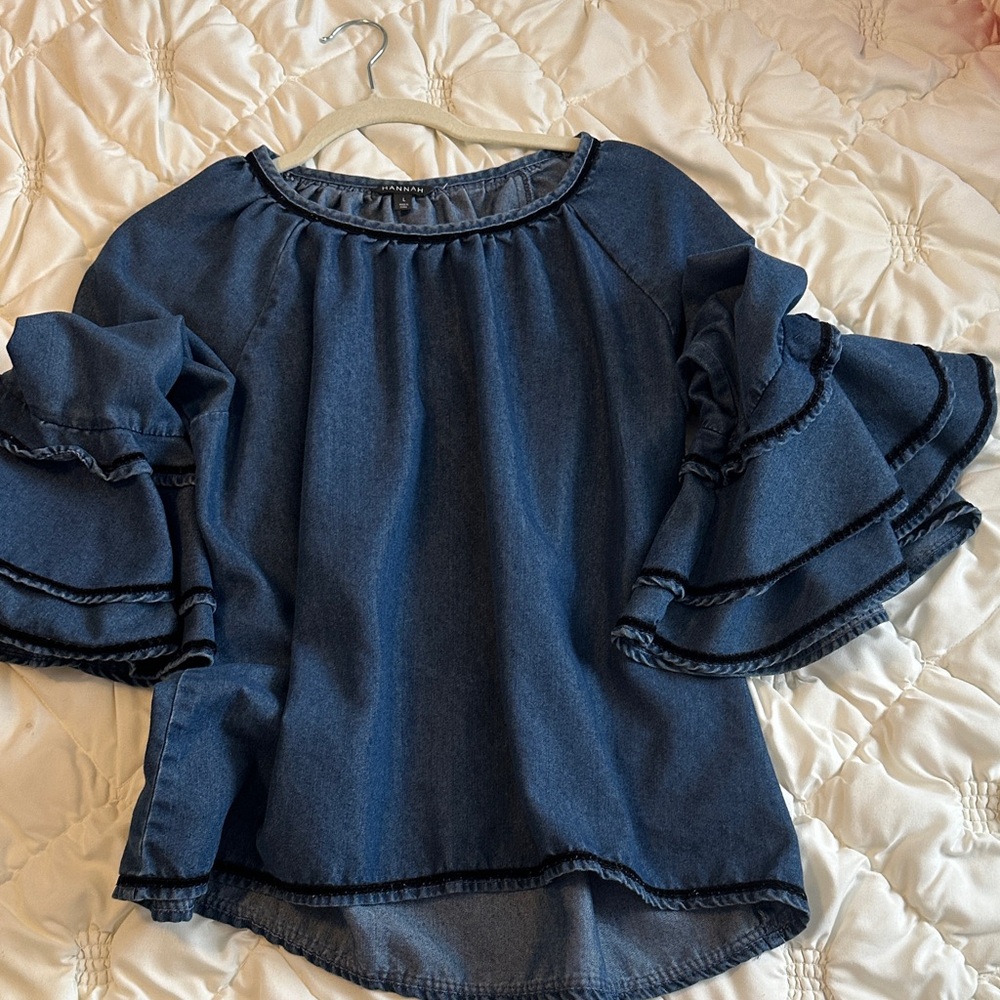 Hannah Dark Blue Ruffled Sleeve Blouse